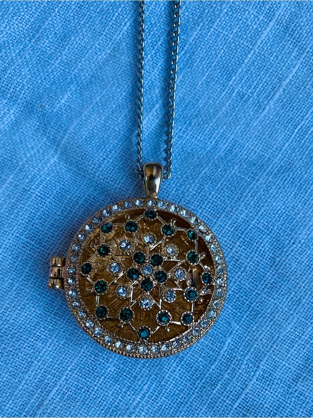 Gold-Tone Green Crystal Floral Locket Necklace